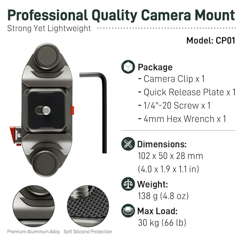 Camera Backpack Clip with Arca-Style Quick Release and Anti-Drop Dual-Lock, Max Load 66 lb Aluminum Clip for Mirrorless/DSLR Cameras, Hands-Free for Hiking Travel and Street Photography - color: Gray