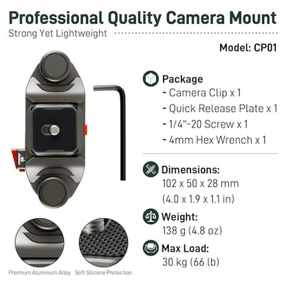 Camera Backpack Clip with Arca-Style Quick Release and Anti-Drop Dual-Lock, Max Load 66 lb Aluminum Clip for Mirrorless/DSLR Cameras, Hands-Free for Hiking Travel and Street Photography - color: Gray