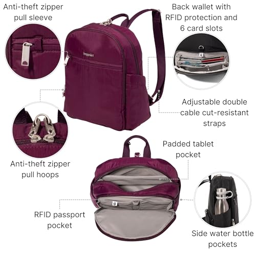 Securtex Anti-Theft Getaway Backpack - 9.4"x13"x5" Travel Safe Bag w/Locking Zippers, Slash-Resistant, RFID - color: Mulberry