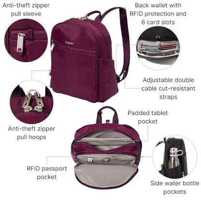 Securtex Anti-Theft Getaway Backpack - 9.4"x13"x5" Travel Safe Bag w/Locking Zippers, Slash-Resistant, RFID - color: Mulberry