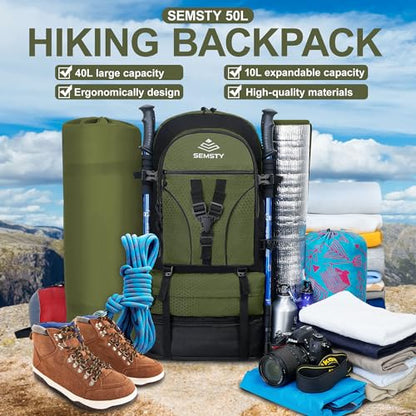 40L/50L Expandable Hiking Backpack for Men and Women, Travel Camping Backpack Flight Approved - color: 40l+10l Green