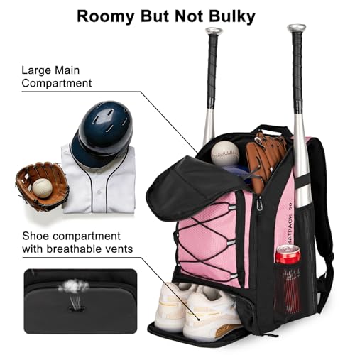 Goloni 40L Baseball Bag, Softball Bat Bag with Shoes Compartment,Fence Hook,Backpack for Baseball, T-Ball & Softball Equipment & Gear - color: Pink