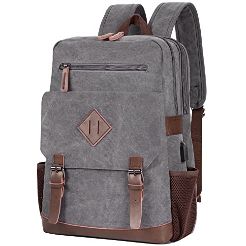 Modoker Eco-Friendly Vintage Backpack for Men Women, Canvas Bookpack Fits Most 15.6 Inches Computer and Tablets, Rucksack Backpack with USB Charging Port, Grey - color: Grey