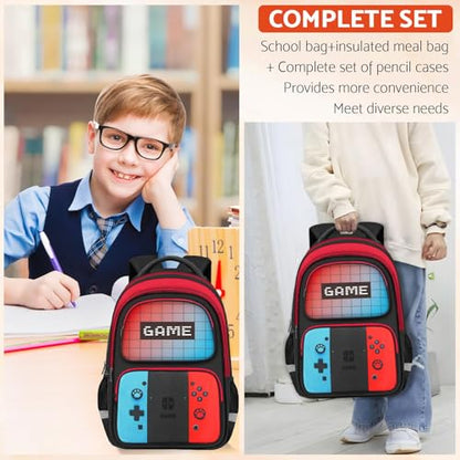 TILYTADLY School Backpack for Boys - HFHTDC Gamer Boys Backpack for Kids Children Teens Elementary Middle School - Students Bookbag Ages 6-18,17″ Video Game Bookbag Travel Back Pack - color: Red&blue-only Backpack