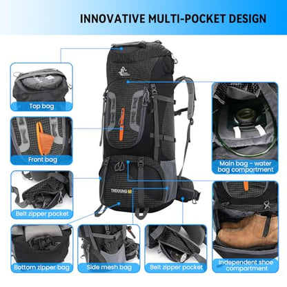 Bseash 80L Waterproof Hiking Camping Backpack with Rain Cover, Lightweight Outdoor Sport Travel Daypack for Climbing Touring (Black) - color: Black