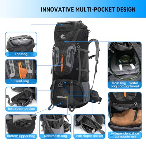 Bseash 80L Waterproof Hiking Camping Backpack with Rain Cover, Lightweight Outdoor Sport Travel Daypack for Climbing Touring (Black) - color: Black