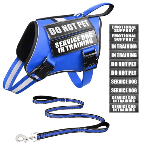 Service Dog Vest Harness and Leash Set+10 Patches,No Pull&Easy Walk Reflective Dog Harness with Soft Padded Handle for Training/Everyday,Fit Small/Medium/Large/Extra-Large Dogs (Blue L) - color: Blue, size: Large