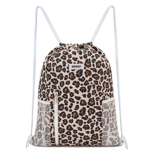 WANDF Drawstring Backpack Sports Gym Sackpack with Mesh Pockets Water Resistant String Bag for Women Men (Pink Leopard) - color: Pink Leopard