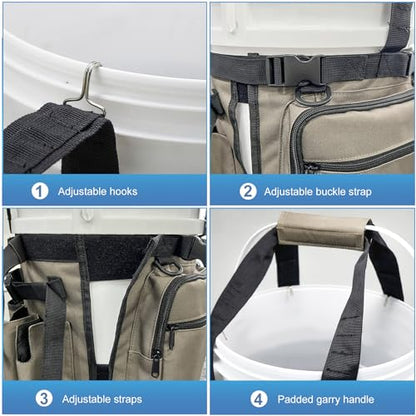 Fishing Bucket Organizer with Bucket Cover Fishing Tackle Bag with Rod & Plier Holder, Multi-Pockets for 5 Gallon Bucket Fishing Gear & Accessories Father Gifts - color: Khaki