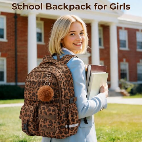 WOBAGMEN Cute Leopard Backpack for Teen Girls, Large Capacity Multi-Pocket School Bag Fits 15.6" Laptop, Lightweight Durable Daypack for School and Travel (Brown Leopard, M) - color: Brown Leopard