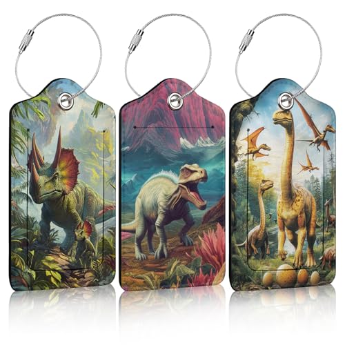 3 Pack Dinosaur Forest Luggage Tags for Suitcase Animal PU Leather Travel Luggage Tag Privacy Cover ID Label for Women Men Baggage Backpack Handbag School Bag - color: Dinosaur Forest