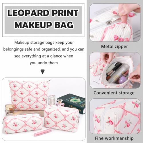 3 Pcs Makeup Bag Cosmetic Bag Set for Girls Women Travel Organizer Bathroom Toiletry Pouch Large Capacity Storage Bag（Pink Ribbon） - color: Pink Ribbon