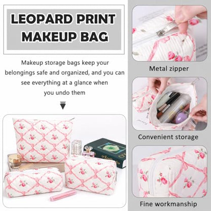 3 Pcs Makeup Bag Cosmetic Bag Set for Girls Women Travel Organizer Bathroom Toiletry Pouch Large Capacity Storage Bag（Pink Ribbon） - color: Pink Ribbon