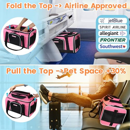 Petskd Top-Expandable Pet Carrier 17x12x8.5 Inches JetBlue Allegiant Spirit Airline Approved, Soft-Sided Carrier for Small Cats and Dogs with Locking Safety Zippers and Anti-Scratch Mesh(Pink) - color: Pink, size: 17.0"L x 12.0"W x 8.5"H