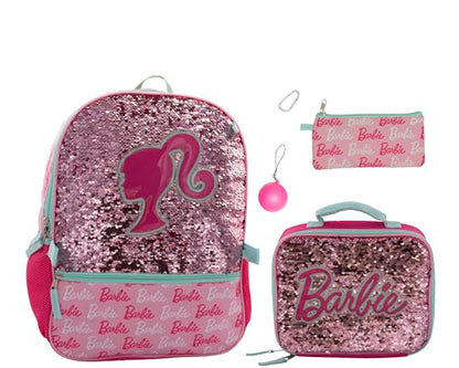 AI ACCESSORY INNOVATIONS Barbie 4 Piece Backpack Set, Sparkle & Shine with this Magic Flip Sequin School Bag for Girls with Zip Front Pocket, Pink - color: Barbie Pink