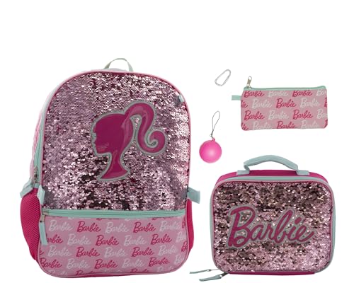 AI ACCESSORY INNOVATIONS Barbie 4 Piece Backpack Set, Sparkle & Shine with this Magic Flip Sequin School Bag for Girls with Zip Front Pocket, Pink - color: Barbie Pink