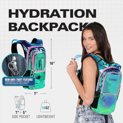 Sojourner Hydration Pack, Hydration Backpack - Water Backpack with 2l Hydration Bladder, Festival Essential - Rave Hydration Pack Hydropack Hydro for Hiking, Running, Biking, Festival Gear - color: Laser Holographic - Purple