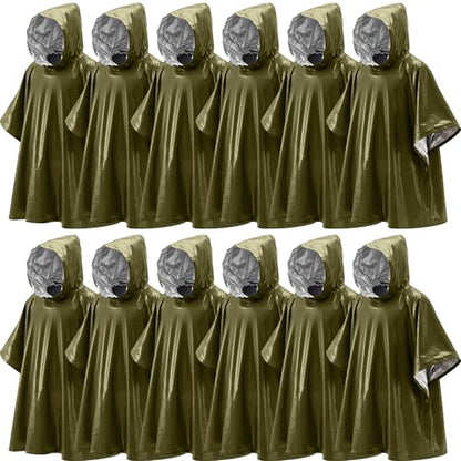 Tellegloww Emergency Ponchos with Polyester Film Blanket Liner Waterproof Windproof Thermal Survival Blanket Rain Ponchos - color: Green