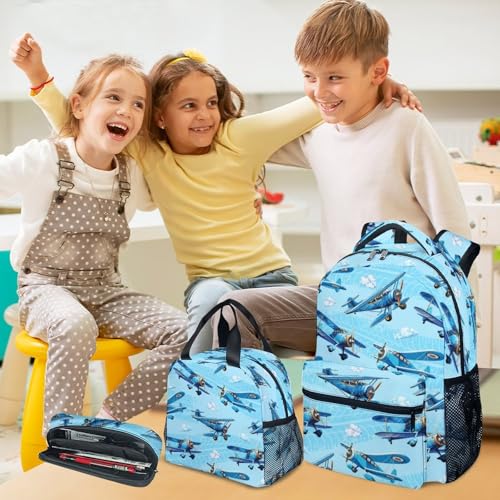 Kids Backpack with Lunch Bag and Pencil Case - 3Pcs Airplane Backpacks Set for Boys - Durable Toddler Bookbag for Kindergarten, Primary & Elementary (17 Inch) - color: Light Blue