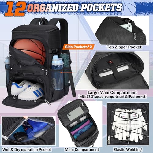 RAINSMORE Basketball Backpack 45L Basketball Bag with Separate Ball Holder & Shoes Compartment Water Resistant Sports Bag Basketball Equipment Bags Fit Volleyball, Soccer, Swim, Gym, Travel - color: Black