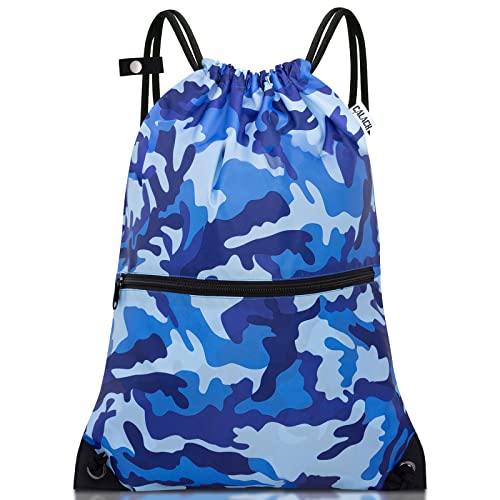 draw string back bag, Large Gym Sports string backpack for men and women with front zipper pocket and inside zipper pocket to keep key or phone(blue camo) - color: Blue Camo, style: Drawstring With Front Pocket