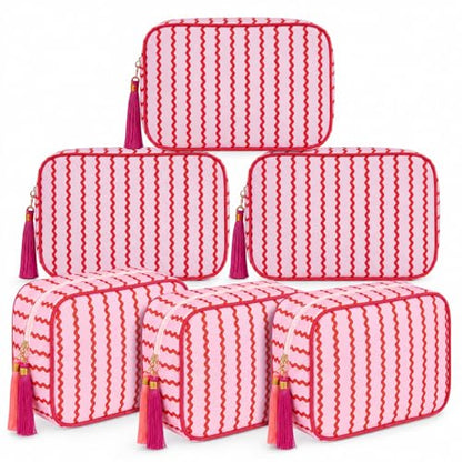 Kacctyen 6 Pack Raspberry Red and Light Pink Striped Makeup Bag bulk with Tassel Travel Cosmetic Pouch Organizer Large Zipper Toiletry Case for Women Aesthetic Storage Pouch Mahjong Tile Bag - color: Raspberry Red and Light Pink