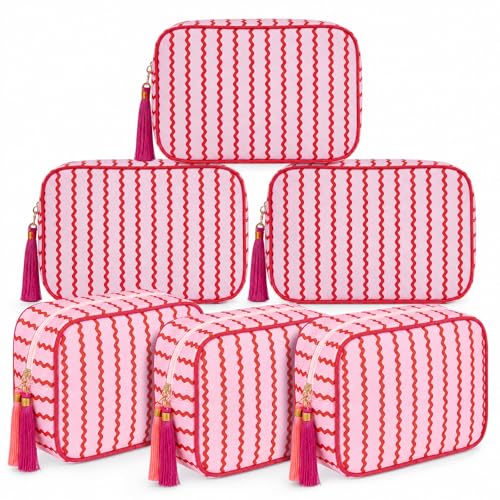 Kacctyen 6 Pack Raspberry Red and Light Pink Striped Makeup Bag bulk with Tassel Travel Cosmetic Pouch Organizer Large Zipper Toiletry Case for Women Aesthetic Storage Pouch Mahjong Tile Bag - color: Raspberry Red and Light Pink