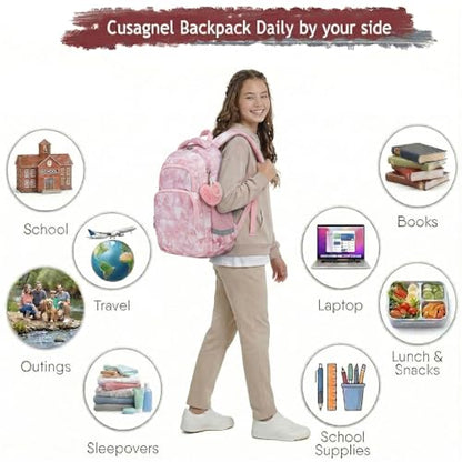 Cusangel Pink Girl School Backpack for Kids 6-12 ages, 16in Cute Bookbag Water Resistant, 7 Pockets, Adjustable Chest Strap, Reflective Strip, Large Bookbag For travel,Gifts,Summer Camps - color: Pink-17in