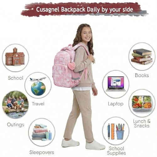 Cusangel Pink Girl School Backpack for Kids 6-12 ages, 16in Cute Bookbag Water Resistant, 7 Pockets, Adjustable Chest Strap, Reflective Strip, Large Bookbag For travel,Gifts,Summer Camps - color: Pink-17in