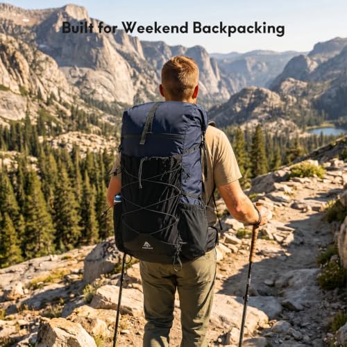 Haimont 40L+15L Roll-Top Backpacking Pack with Rain Cover, Blue | Expandable 55L, Hip Belt Support, Sleeping Pad Carry, Pole Attachments, YKK & Duraflex - color: Blue