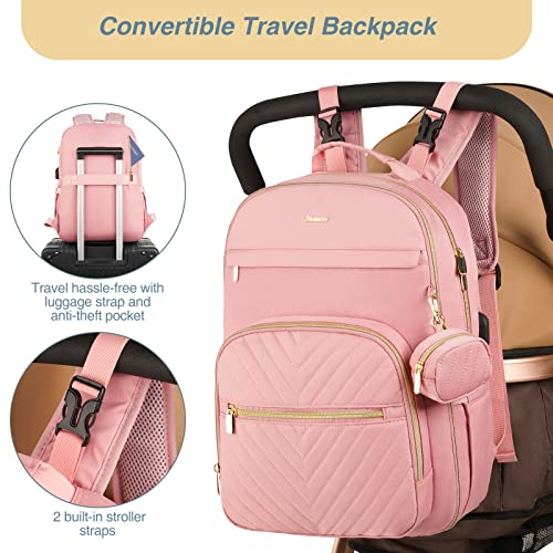MOMUVO Diaper Bag Backpack, Quilted Baby Bag with Changing Pad & Stroller Straps & Pacifier Case, Large Travel Diaper Bags for Mom Dad, Pink - color: Pink