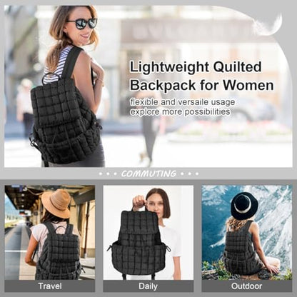 XSUIOY Quilted Backpack Purse for Women Small Lightweight Puffer Puffy College Laptop Backpack Nylon Casual Bookbag Daypack Top Flap Drawstring Padding Hiker Travel Gym Backpack(Black) - color: Black