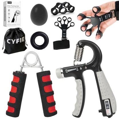 CYFIE Grip Strength Trainer Kit, Adjustable Hand Gripper Strengthener, Forearm Strengthener & Finger Exerciser Set with Finger Stretcher, Stress Ball & Grip Ring for Athletes, Rock Climbing & Rehab - color: Red & Black