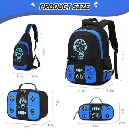 Bevalsa Backpack for School Boys, Cool Luminous Gamer Boys Schoolbag with Sling Bag,Lunch Box & Pencil Case for Kids Children Teens Elementary Middle School(Blue Backpack with Shoulder Bag) - color: Blue, style: Backpack With Shoulder Bag