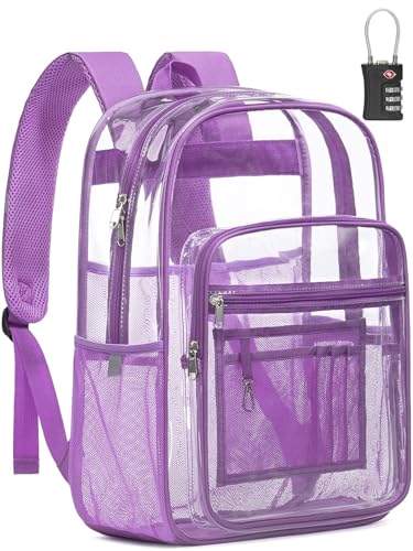 Clear Backpack Heavy Duty With A TSA Lock, 18 Inch Large Clear Back pack, Transparent See Through Bookbag for College, Work, Travel, Sport- Violet - color: Purple