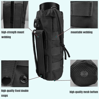 Tactical MOLLE Water Bottle Holder, Upgraded Water Bottle Pouch with Drawstring Open Top & Mesh Bottom, 16/24/25/32oz Water Bottle Carrier Bag with D-Ring Hook for Backpack - color: Black