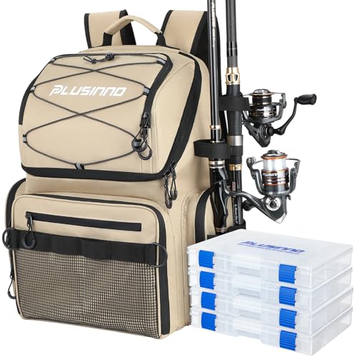 PLUSINNO Cooler Fishing Backpack with Rod Holders 45L Large Water-resistant Fishing Tackle bag Store Fishing Gear Fishing Gifts for Men Father - color: Khaki with box