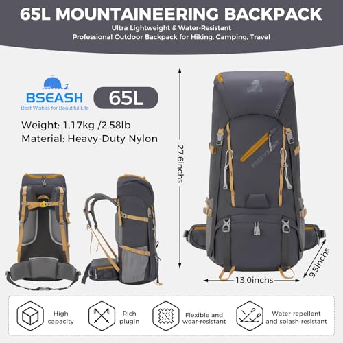 Bseash 65L Waterproof Hiking Camping Backpack with Rain Cover, Outdoor Sport Travel Daypack for Climbing Touring (Gray) - color: Gray