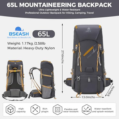 Bseash 65L Waterproof Hiking Camping Backpack with Rain Cover, Outdoor Sport Travel Daypack for Climbing Touring (Gray) - color: Gray
