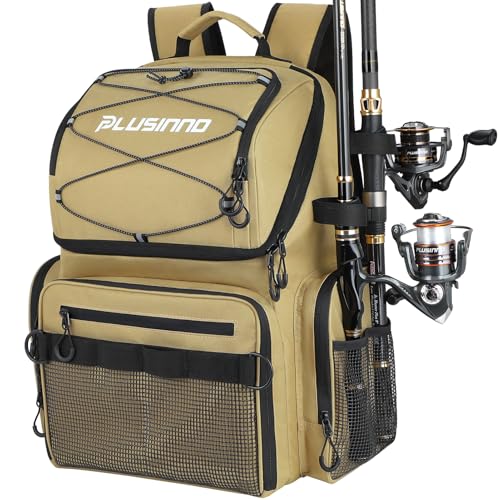 PLUSINNO Cooler Fishing Backpack with Rod Holders 45L Large Water-resistant Fishing Tackle bag Store Fishing Gear Fishing Gifts for Men Father - color: Khaki