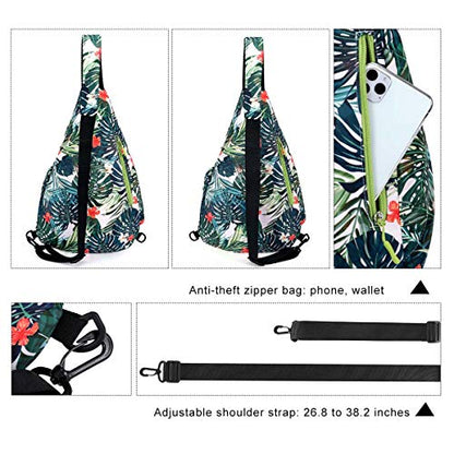 HUA ANGEL Crossbody Sling Bag for Men & Women Lightweight Waterproof Chest Shoulder Bag for Travel Hiking & Everyday Use - color: Green Leaf Print