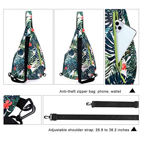 HUA ANGEL Crossbody Sling Bag for Men & Women Lightweight Waterproof Chest Shoulder Bag for Travel Hiking & Everyday Use - color: Green Leaf Print