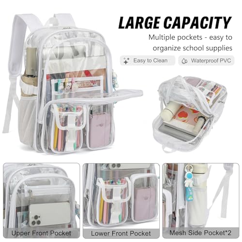 Clear Backpack Heavy Duty Transparent Backpacks Stadium Approved for School Work Sport Travel (White) - color: White