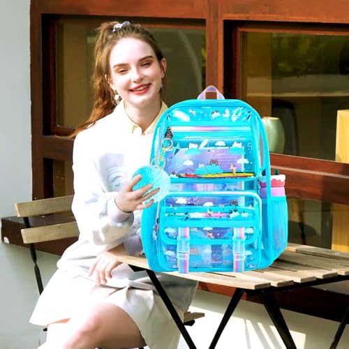 KLFVB Clear Backpack Heavy Duty, 3PCS Girls See Through School Bag Set, Cute Transparent Bookbag for Women - Cloud Cat Blue - color: Cloud Cat Blue Clear Backpack