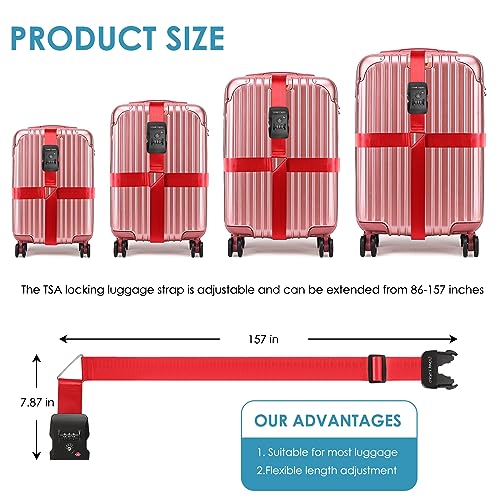 Travel Inspira Luggage Straps for Suitcases with TSA Lock, Protect Your Luggage Anti-Burst, High Visibility Color, Easy to Identify Luggage Adjustable Heavy Duty Belt for 20-28 Inch Suitcases - color: Cross Red