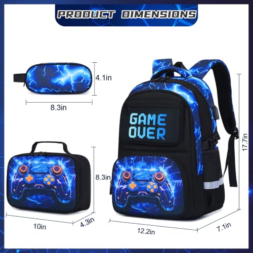 Scothen 3PCS Boys Backpack Set, Cool Backpack for Boys with Lunch Bag & Pencil Case, Kids School Bag Teen Boy Bookbag for Kindergarten Elementary Middle School with USB Charging Port - color: Blue Lightning
