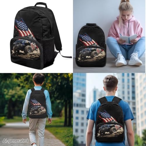 3PCS Backpack USA Flag Car 3 In 1 Bookbag Set with Lunch Box Pencil Case 17 Inch Travel Laptop Daypacks for Middle High School Students - color: Usa Flag Car