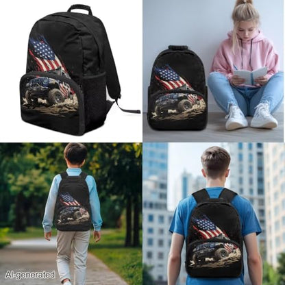 3PCS Backpack USA Flag Car 3 In 1 Bookbag Set with Lunch Box Pencil Case 17 Inch Travel Laptop Daypacks for Middle High School Students - color: Usa Flag Car