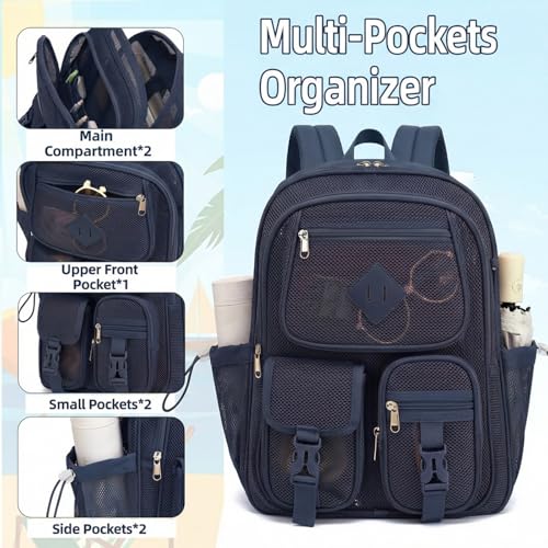 Mesh Backpack for Boys, Women Girls Mesh Bookbags Heavy Duty Semi-Transparent School Bag Net Back Pack for Travel, Beach, Swimming, Work - Navy Blue - color: Navy Blue