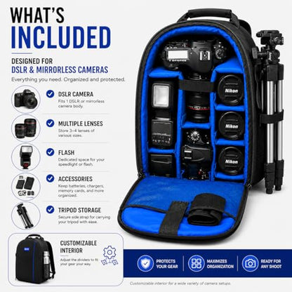 Acuvar Camera Backpack Bag for DSLR & Mirrorless Cameras – Padded Camera Case with Customizable Dividers, Rain Cover, Laptop Storage, Fits Canon Nikon Sony Camera & Lenses